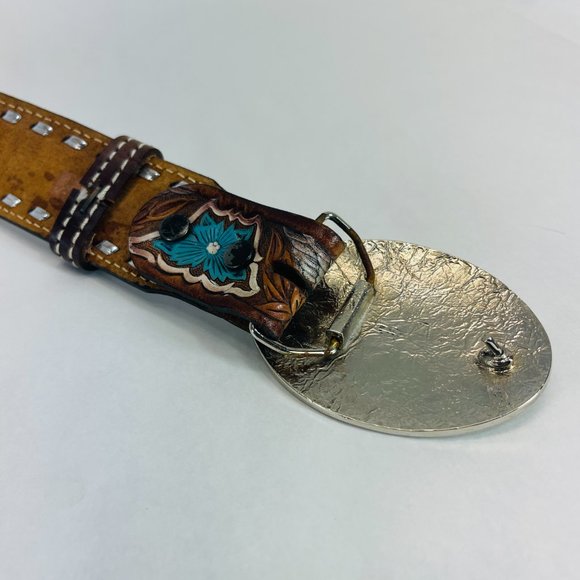 Beautiful Vintage 1960’s Turquoise Inlay Bald Eagle Silver Belt Buckle And Belt main image 4